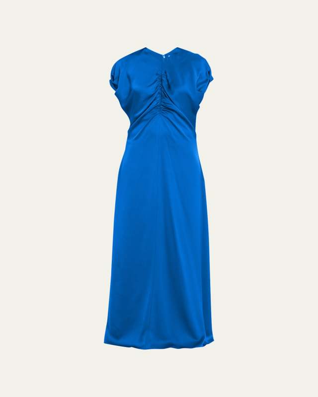 Gathered V-Neck Silk Dress